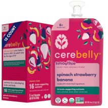 Cerebelly Organic Baby Food Pouches, Spinach Strawberry Dairy-Free Smoothies, 16 Nutrients, No Added Sugar, Fiber & Non-GMO, 4oz, 12 Pack